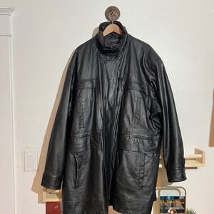 Vintage Phase Two Mens‎ 3XL Black Leather Full Length Jacket Winter Coat